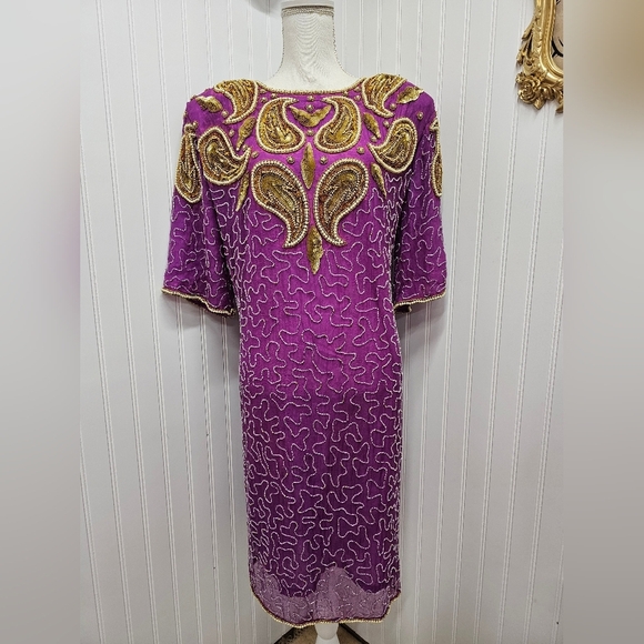 Elegant Purple and Gold Beaded Dress Midnight Run Vintage XL - Picture 1 of 4